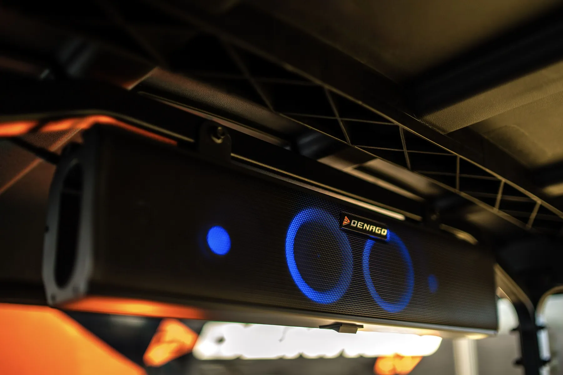 LED sound bar mounted under a golf cart roof